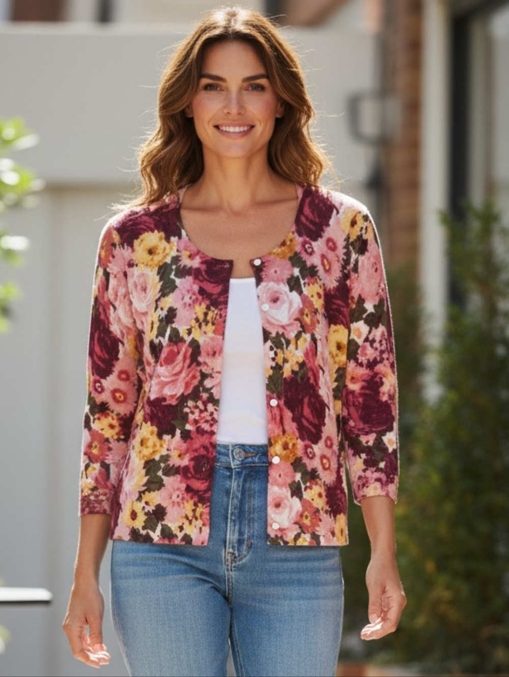 Silk Blended Talbots Floral Crewneck Cardigan in Pink, Yellow & Burgundy